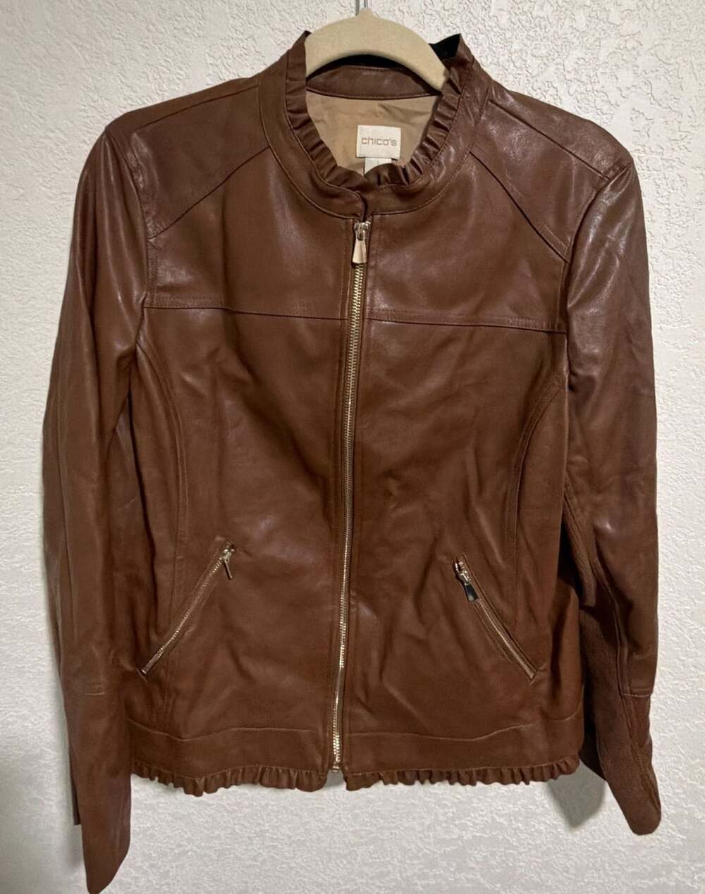Chico's Ruffle Trim Faux Leather Jacket Size 1 Macchiato Brown